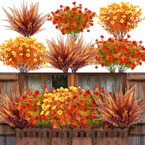 20 Bundles Artificial Fall Flowers for Outdoors Fall Decorations for Home | UV Resistant Fake Mums Faux Fall Plants Plastic Flowers for Garden Porch Fireplace Patio Indoor Autumn Thanksgiving Decor
