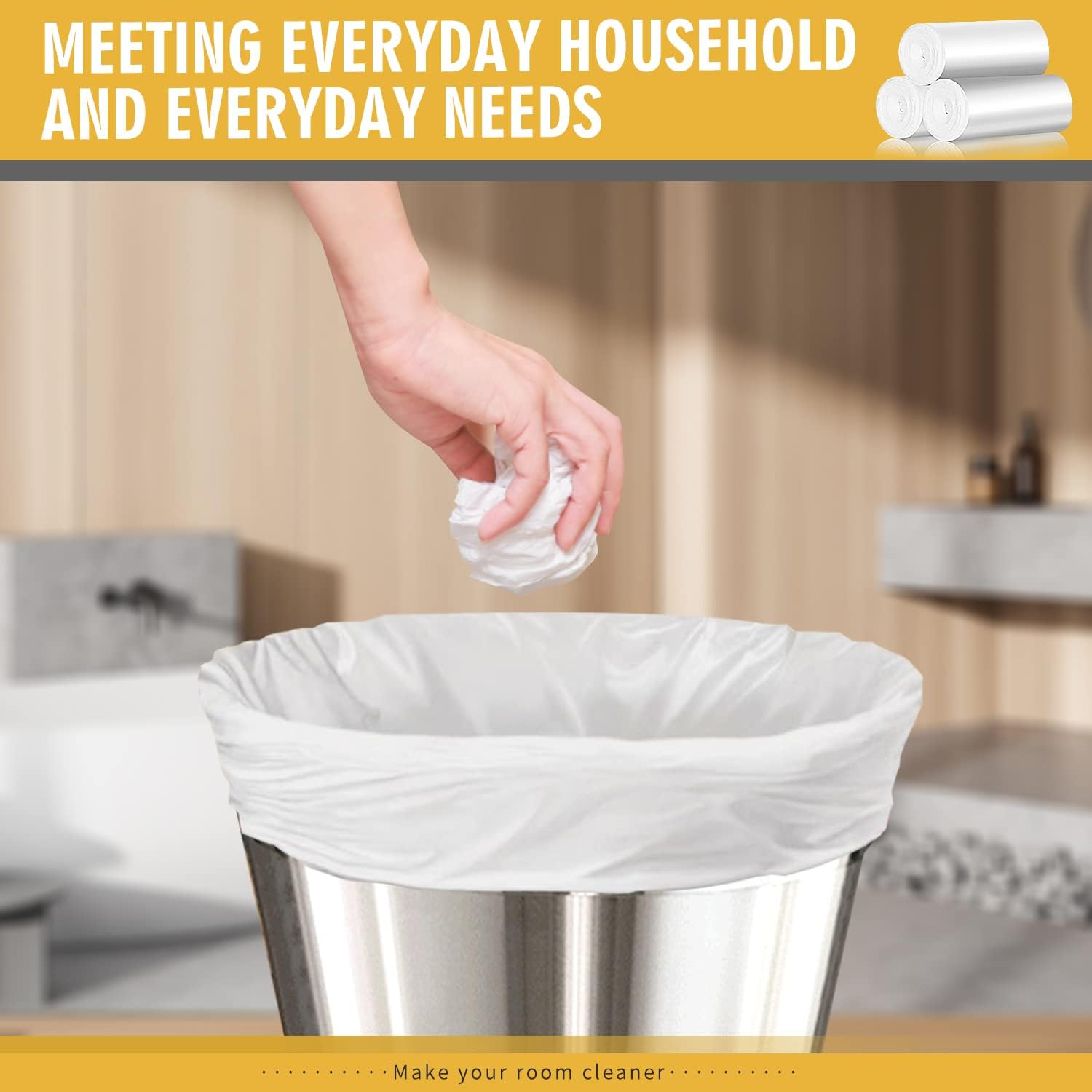 105 Count Small Trash Bags, 4 Gallon Garbage Can Liners - Unscented Wastebasket Trash Bags for Bathroom, Kitchen, Bedroom, Cleaning Supplies (15 Liter)