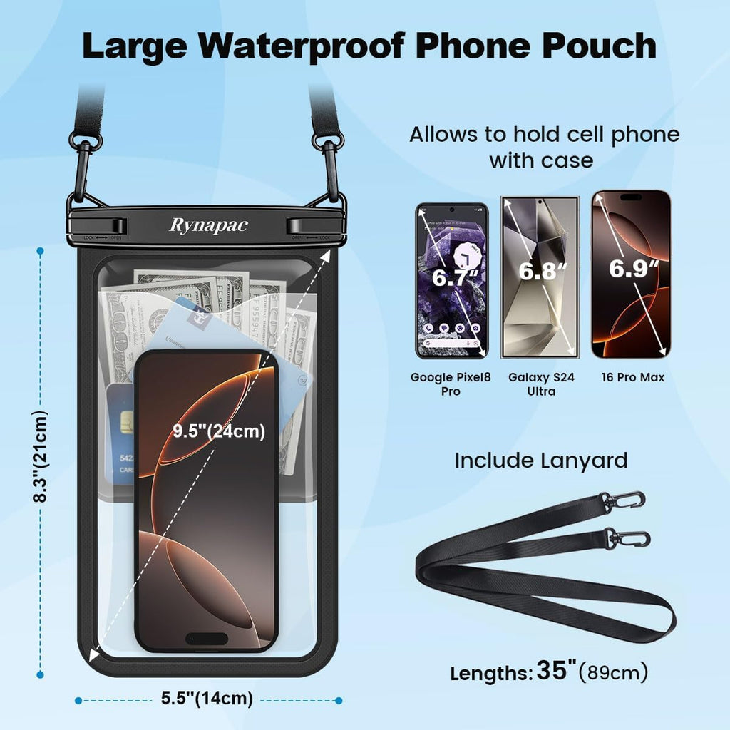 [Up to 10"] Large Waterproof Phone Pouch Bag - 2 Pack IPX8 Waterproof Phone Case for iPhone 17 16 15 Pro Max Galaxy S25 S24 Ultra, Touchscreen & Underwater Photography, Beach Cruise Travel Essentials