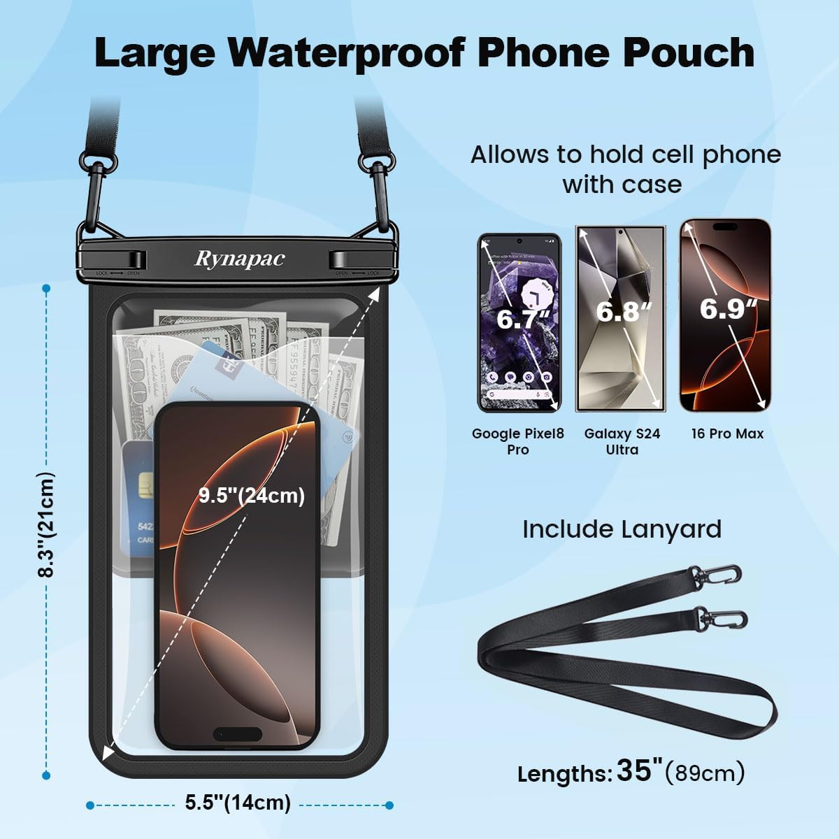 [Up to 10"] Large Waterproof Phone Pouch Bag - 2 Pack IPX8 Waterproof Phone Case for iPhone 17 16 15 Pro Max Galaxy S25 S24 Ultra, Touchscreen & Underwater Photography, Beach Cruise Travel Essentials