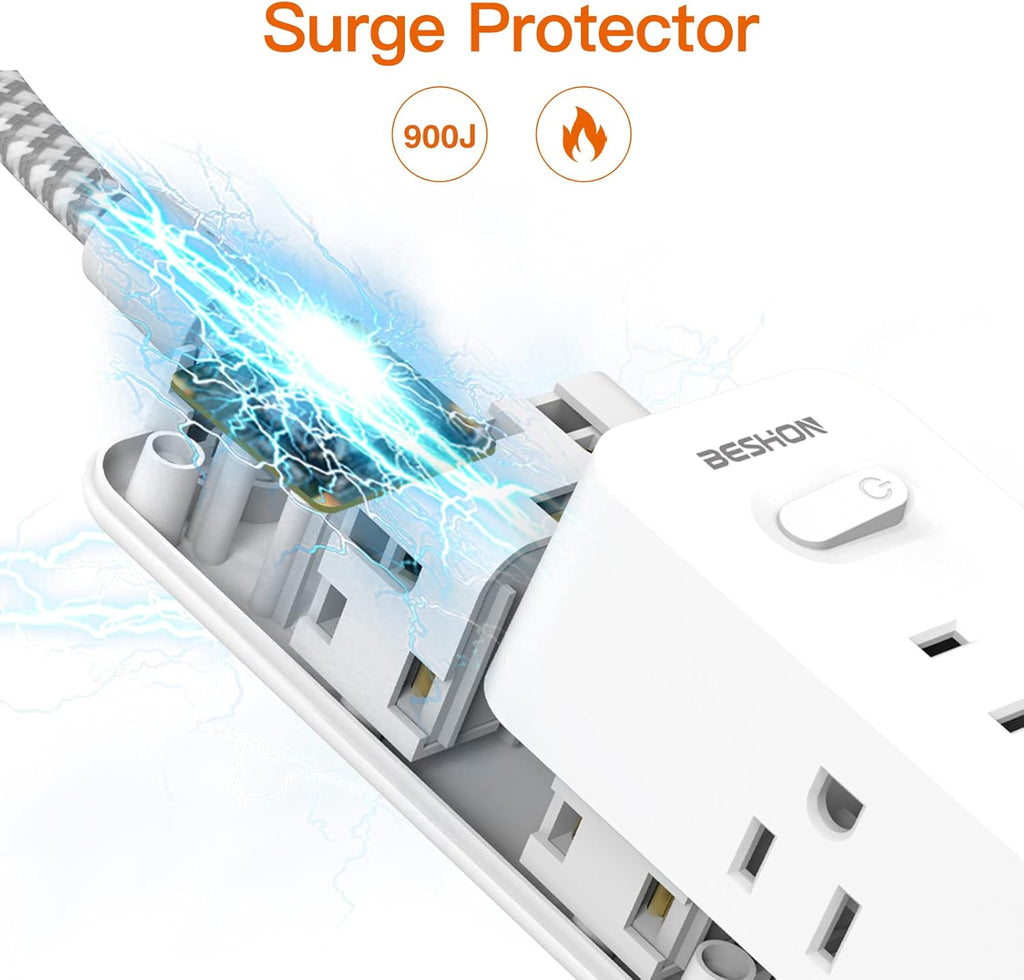 Power Strip Surge Protector, BESHON 5Ft Extension Cord, 6 Outlets with 4 USB Ports (2 USB C Outlet), 3-Side Outlet Extender, Wall Mount, Compact for Travel, Home, School, College Dorm Room and Office