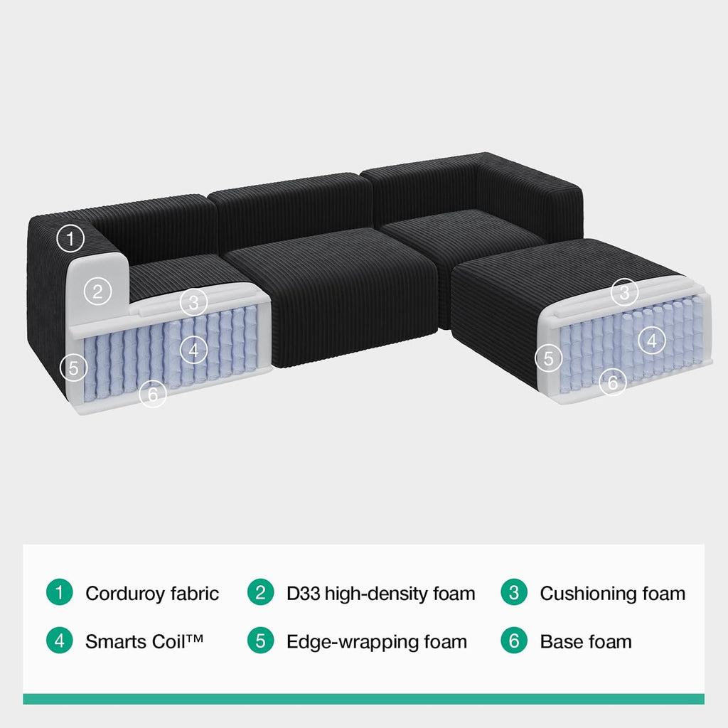 Novilla 106" Modular Sectional Sofa, Modern Cloud Sectional Couch with Smarts Coil Support, L-Shape Boneless Couch for Living Room Apartments Bedroom, No Assembly Required (3 Seater + 1 Ottoman)