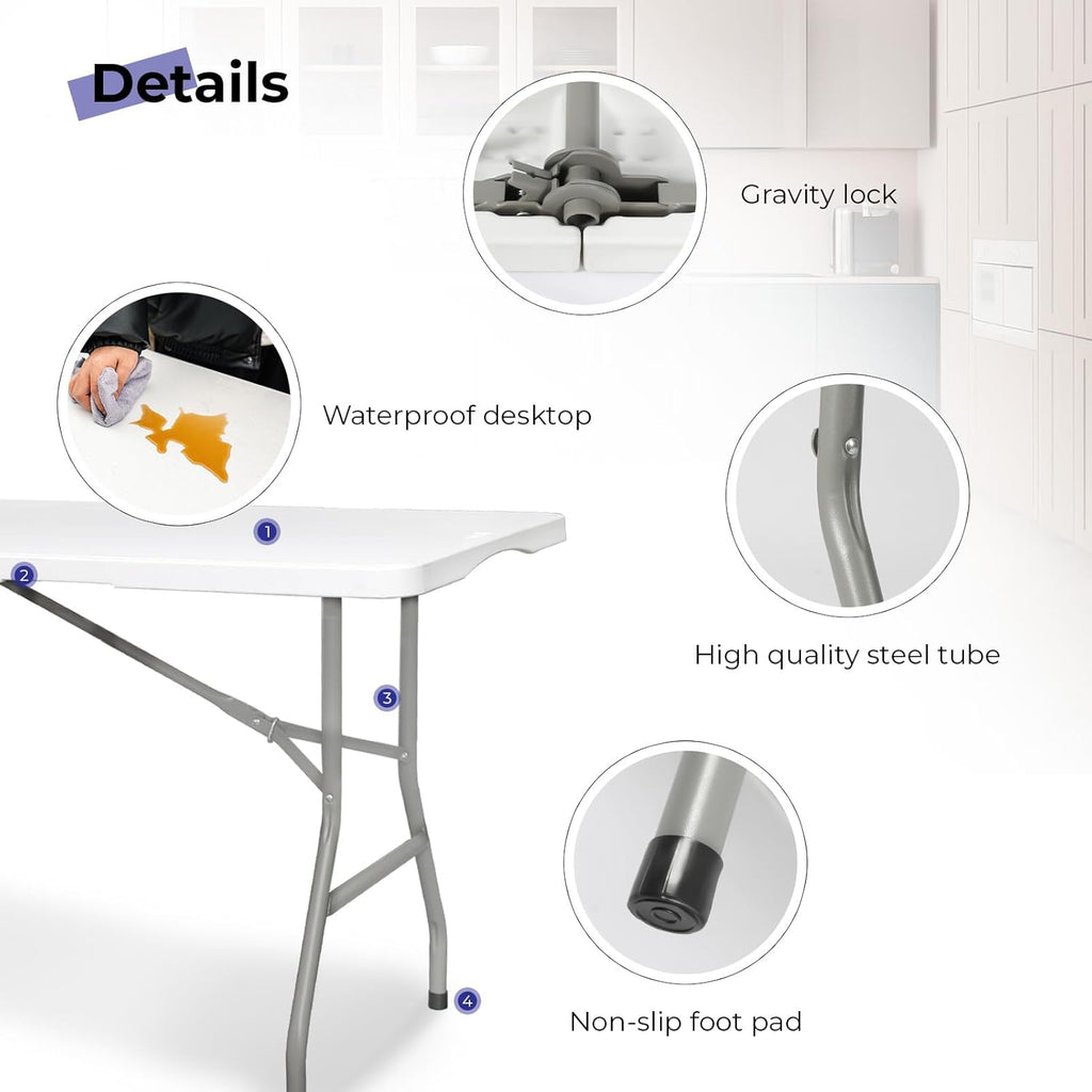 Folding Table 6ft Portable Heavy Duty Plastic Fold-in-Half Utility Foldable Table Plastic Dining Indoor Outdoor for Camping, Picnic and Party, White