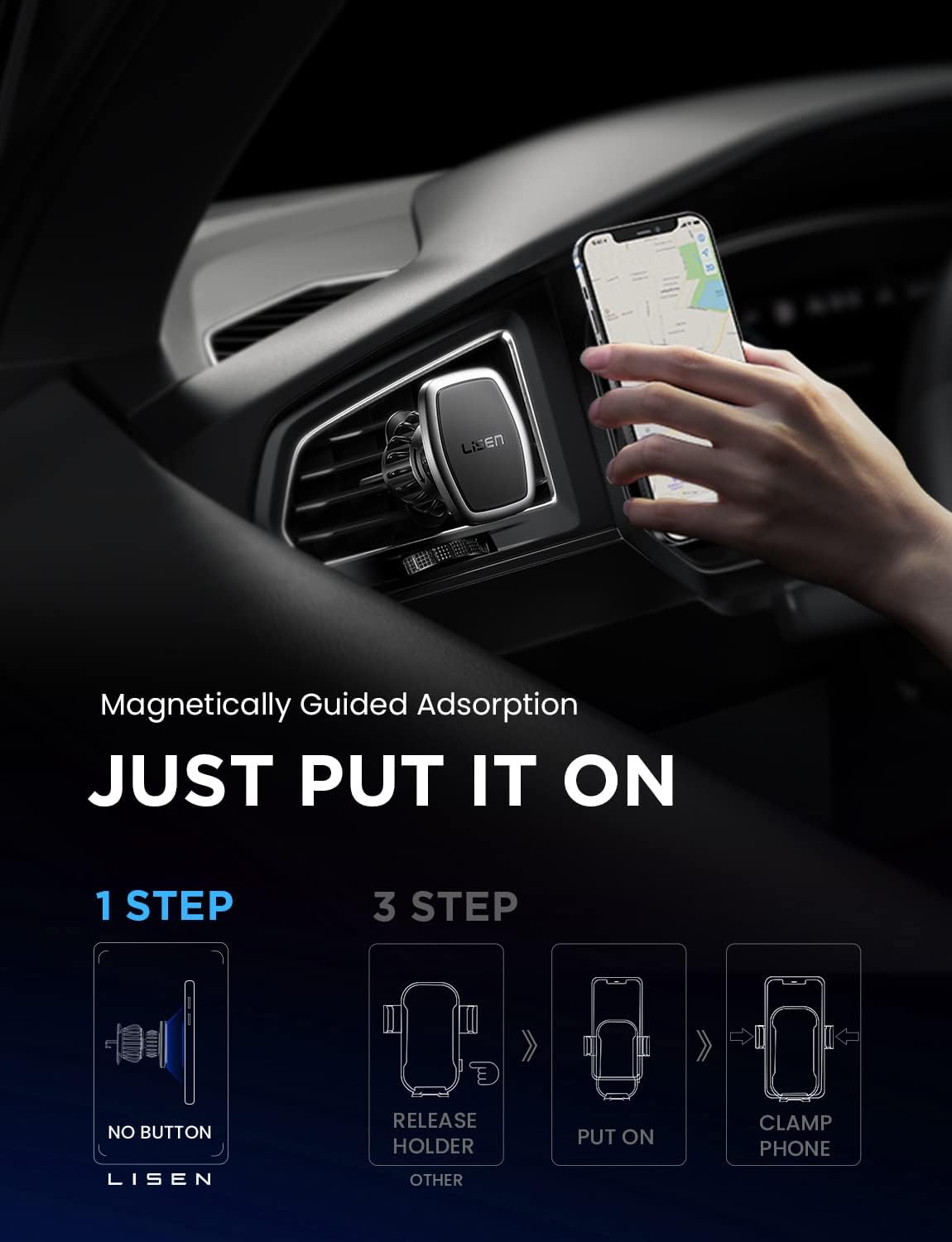 LISEN 2 Pack Magnetic Phone Holder for Your Car Magnet for Phone Car Mount Vent 6 Military Magnets Vent Cell Phone Holder Mount for Car Plate Fit All iPhone 17/16/15/14/13 Pro Max Plus Samsung S25