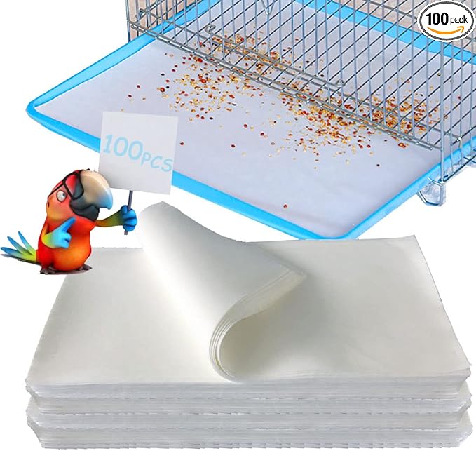 Firdnyohs 100PCS Bird Cage Liner Papers, Disposable Cage Paper Liners Precut Absorbent Cushion Pad Mat Accessories for Pet Bird Parrot (White)