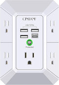 USB Wall Charger, Surge Protector, QINLIANF 5 Outlet Extender with 4 USB Charging Ports (4.8A Total) 3-Sided 1680J Power Strip Multi Plug Outlets Wall Adapter Spaced for Home Travel Office(2U2C),White