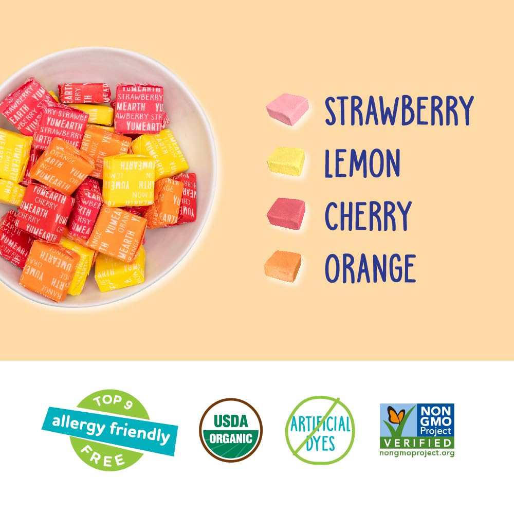YumEarth Organic Chewys Fruit Flavored Candy Chews - Allergy Friendly, Gluten Free, Non-GMO, Vegan, No Artificial Dyes - Assorted Flavors, 7.5 oz.