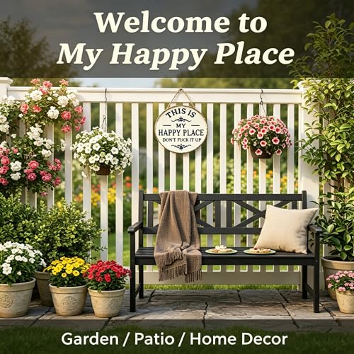 Funny Garden Metal Sign -"This Is My Happy Place Don't F*ck It Up Vintage Decor, Farmhouse Outdoor Art,Welcome Round Sign for Home Garden Farm Bar or Coffee Wall Decor (11.8 * 11.8in)