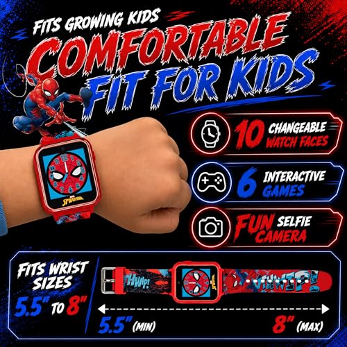 Accutime Marvel Spider-Man Red Educational Touchscreen Smart Watch Toy for Boys, Girls, Toddlers - Selfie Cam, Learning Games, Alarm, Calculator, Pedometer, and More (Model: SPD4588AZ)