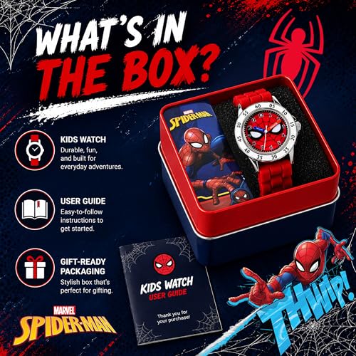 Spiderman Time Teacher Watch for Kids - Red Silicone Strap, Easy-to-Read Dial, Water Resistant, with Special Tin