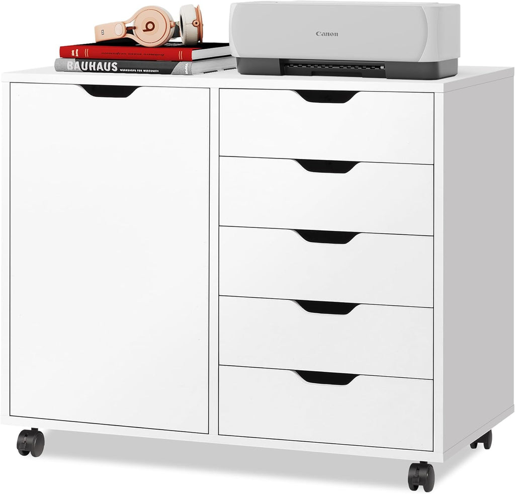 DEVAISE 5-Drawer Wood Drawer Cabinet, Office Storage Cabinet with Adjustable Shelf & Wheels, Printer Stand for Home Office, White