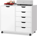 DEVAISE 5-Drawer Wood Drawer Cabinet, Office Storage Cabinet with Adjustable Shelf & Wheels, Printer Stand for Home Office, White