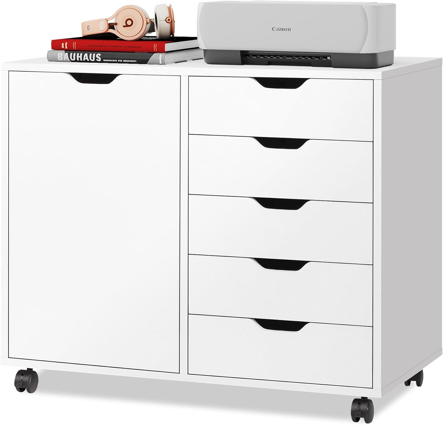 DEVAISE 5-Drawer Wood Drawer Cabinet, Office Storage Cabinet with Adjustable Shelf & Wheels, Printer Stand for Home Office, White