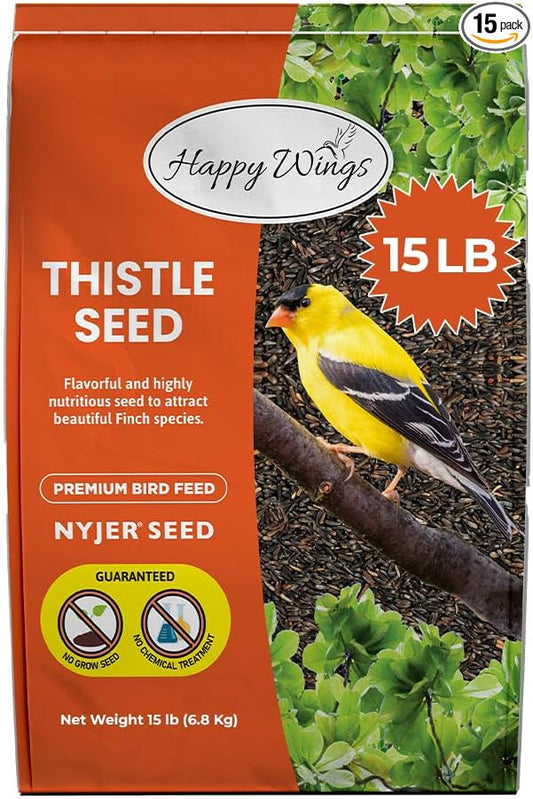 Happy Wings Nyjer Thistle Seeds for Wild Birds 15 lbs No Grow Premium Bird Seed Attracts Finches, Goldfinches, Ideal for Year-Round Feeding High in Protein and Energy.