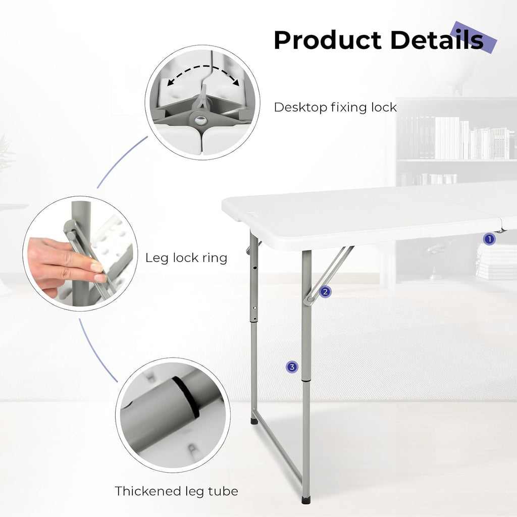 Folding Table 4 Foot Portable Heavy Duty Plastic Fold-in-Half Utility Table Small Indoor Outdoor Adjustable Height Folding with Carrying Handle, Camping and Party,White