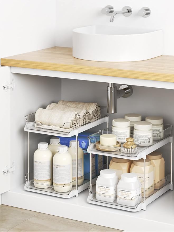Delamu 2-Tier Multi-Purpose Bathroom Under Sink Organizers and Storage, Stackable Kitchen Pantry Organization, Pull Out Medicine Cabinet Organizer with Movable Dividers, White, 2 Pack