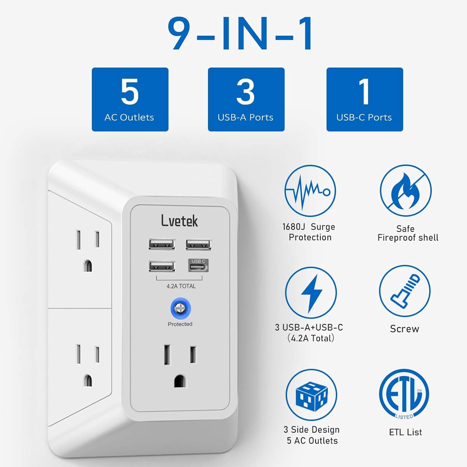 5 Outlet Extender Multi Plug Wall Outlets with 4 USB Charging Ports (1 USB C Outlet), 3 Sided 1680J Surge Protector Power Strip USB Wall Charger for Home, Office, Travel, ETL Listed, White