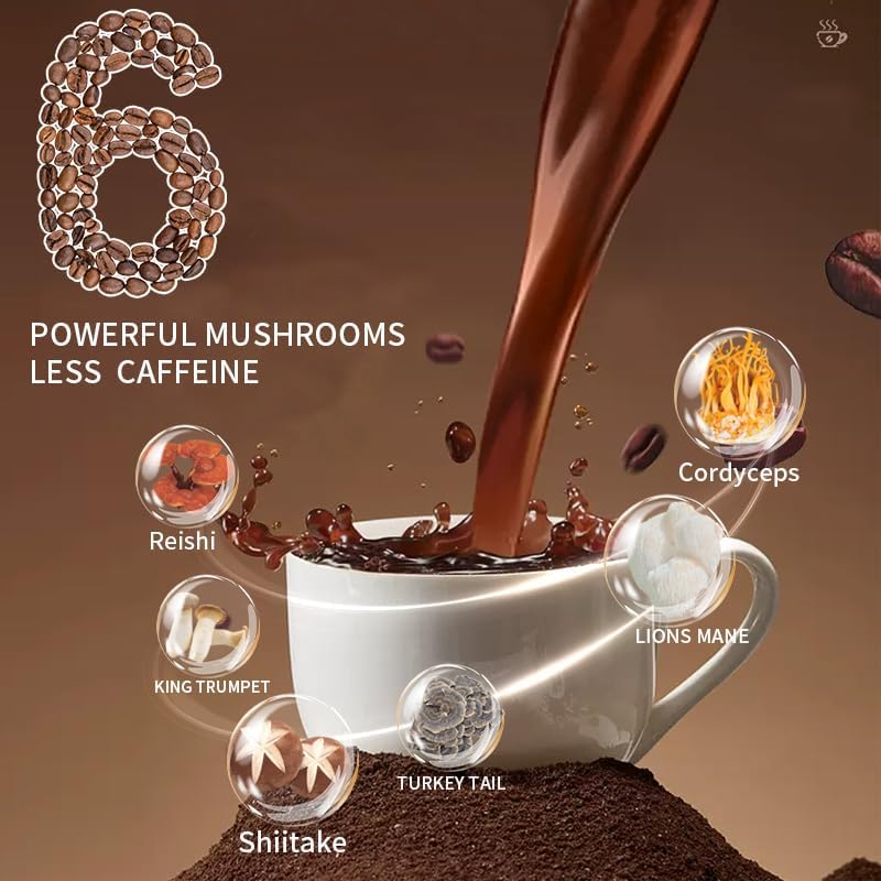 Mushroom Coffee, Instant Mushroom Coffee with Cordyceps, Reishi, King Trumpet, Shitake, Turkey Tail, Lions Mane for Energy, Focus, Positive Mood & Immune Support (30 Servings)