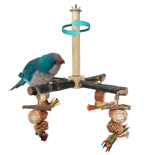 Bird Perch 360° Rotating Perch with Natural Chew Toys - Spinning Bird Toys Cage Accessories- Parrot Wooden Stand for Small and Medium Birds (Parakeets, Budgies, Cockatiels, Conures, Finches)