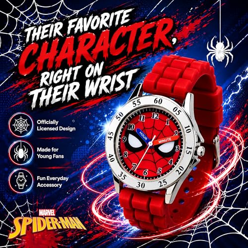 Spiderman Time Teacher Watch for Kids - Red Silicone Strap, Easy-to-Read Dial, Water Resistant, with Special Tin