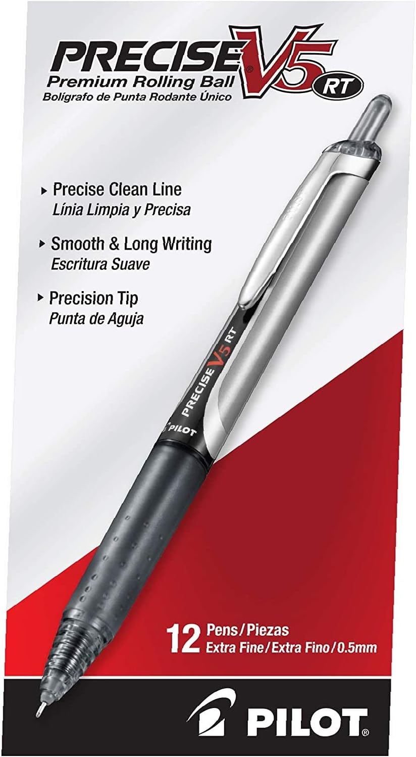 Pilot Precise V5 RT Refillable & Retractable Rollerball Pens, Extra Fine Point Pens 0.5 mm, Black, Pack of 12 - Ideal for School, Journaling & Office Writing