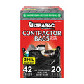 Ultrasac Contractor Bags 42 Gallon (20 PACK/w FLAP TIES), 32.75 x 44.5-3 MIL Thick Large Black Heavy Duty Industrial Garbage Trashbags for Professional Construction and Commercial use