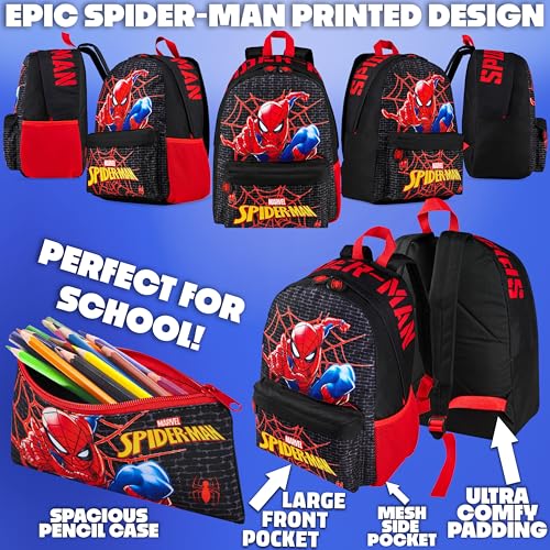 Marvel Spiderman Backpack Lunch Box Water Bottle Pencil Case 4 pc Set for Boys Girls Bookbag Picnic Backpacks Gifts for Kids
