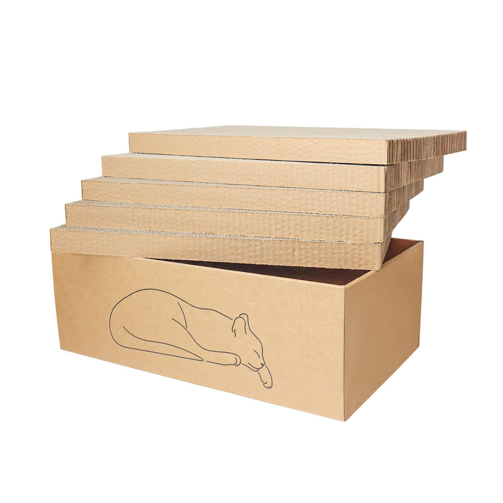 5 Packs in 1 Cat Scratch Pad with Box for Indoor Cats, Larger-Sized Durable Recyclable and Reversible Cardboard Cat Scratching Pad for Rest and Play