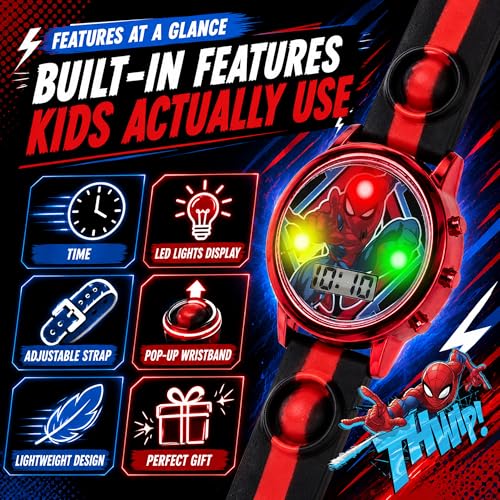 Accutime Marvel Spiderman Kids Digital LCD Wrist-Watch with Red, Green, and Yellow LED Light Show and Popper Strap for Boys, Girls, and Toddlers - Perfect for Learning Time and Fun