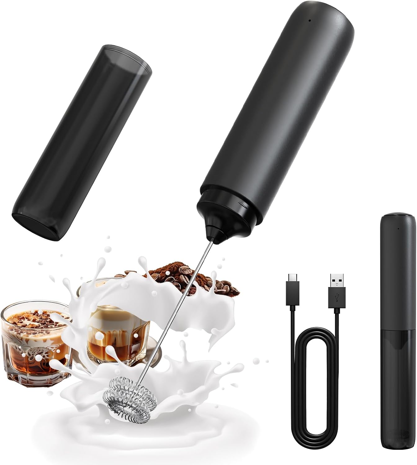 CIRCLE JOY Rechargeable Milk Frother Hanheld, Dual Coil Whisk Head Electric Coffee Frother, Portable Hand Frother Wand Drink Mixer for Matcha Lattes Cappuccino, Kitchen Gifts, Black