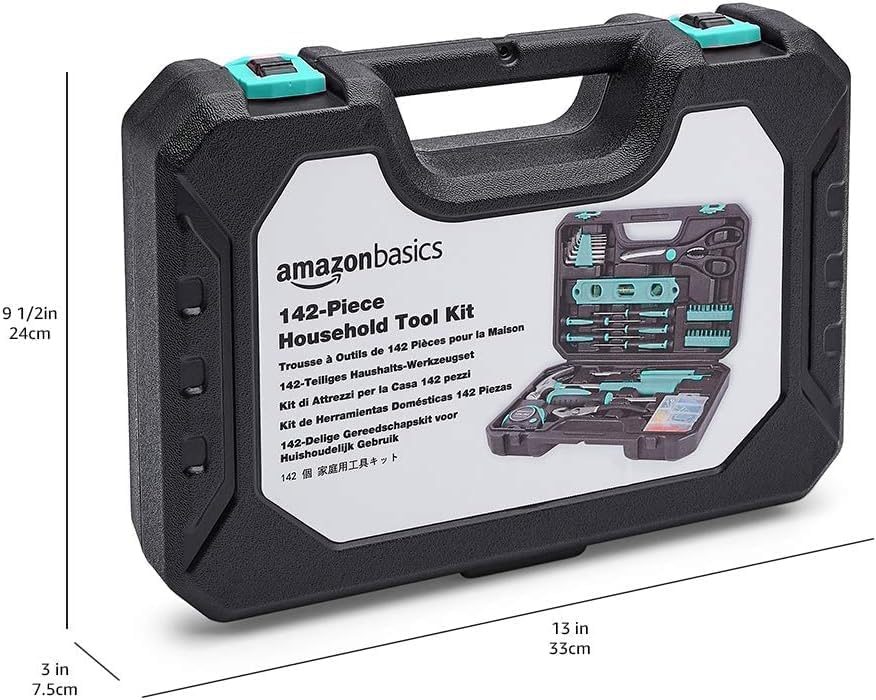 Basics Household Tool Kit With Storage Case, 142 Piece, Turquoise, 13.39 x 9.25 x 2.95 inch