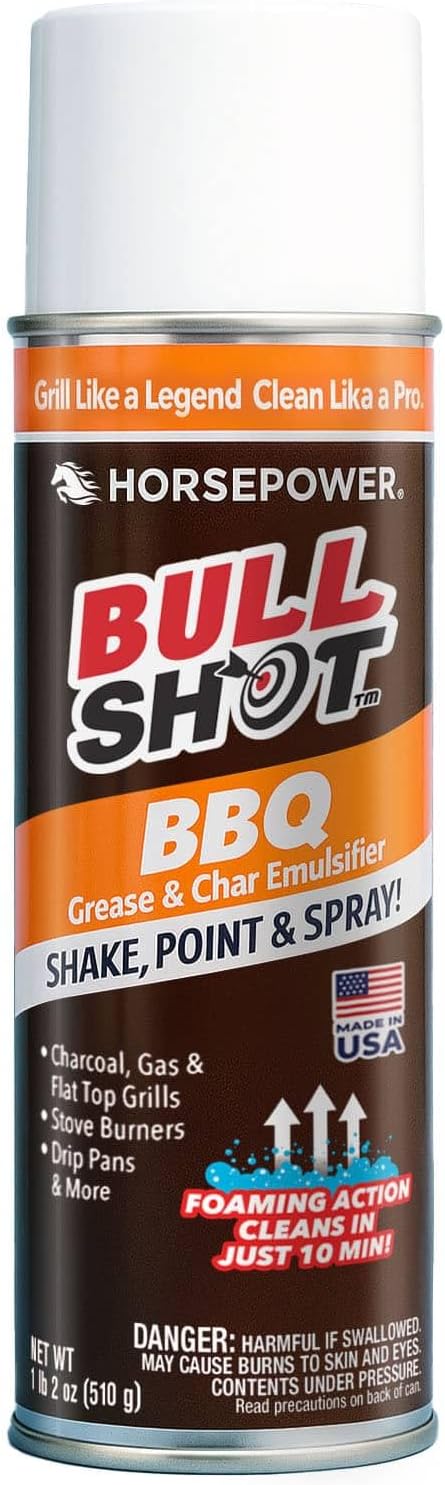 Bull Shot BBQ, Foaming Grill Cleaner, AS SEEN ON TV, Professional Strength Foam Spray Emulsifies Burnt Grease & Char on Grates, Racks, Pans, Smokers & Griddles Cleans in Just 10 Min - Made in the USA