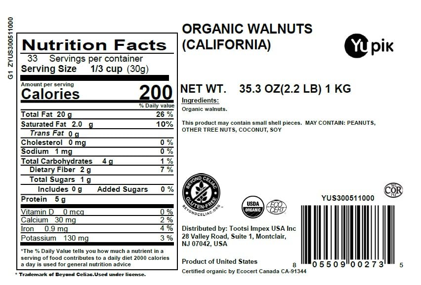 Yupik Organic Raw California Walnuts, Halves, 2.2 lb (35.2 oz), Kosher, Gluten-Free, Non-GMO, Vegan, Half Nuts, Unsalted, Unroasted, Source of Omegas, Healthy Snacks, Ideal for Baking & Cooking