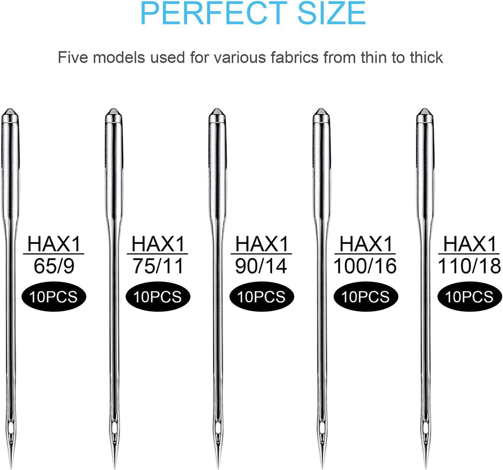 Sewing Machine Needles, 50 PCS Universal Sewing Machine Needle, Compatible with Singer, Brother, Janome, Varmax, Sizes HAX1 65/9, 75/11, 90/14, 100/16, 110/18 (50 PCS)
