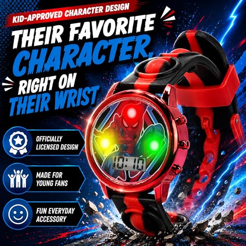 Accutime Marvel Spiderman Kids Digital LCD Wrist-Watch with Red, Green, and Yellow LED Light Show and Popper Strap for Boys, Girls, and Toddlers - Perfect for Learning Time and Fun
