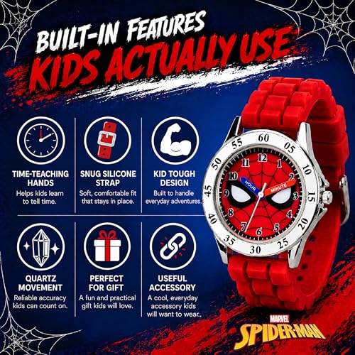 Spiderman Time Teacher Watch for Kids - Red Silicone Strap, Easy-to-Read Dial, Water Resistant, with Special Tin