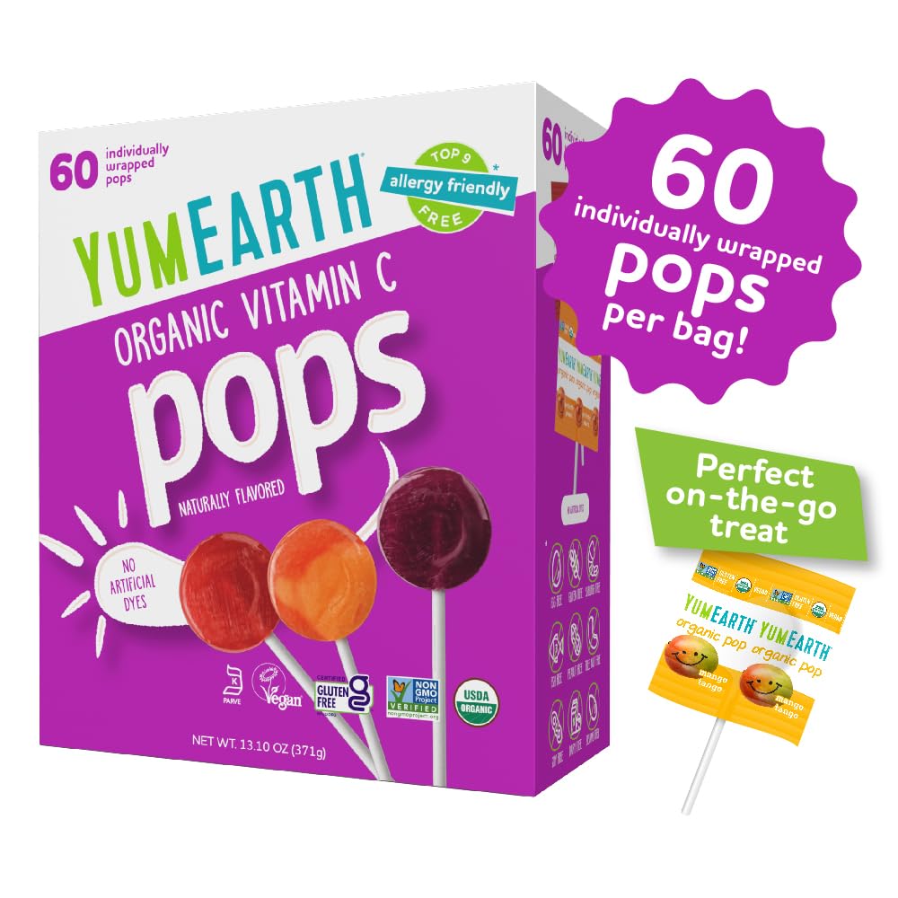 YumEarth Organic Vitamin C Pops Variety Pack, 60 Fruit Flavored Favorites Lollipops, Allergy Friendly, Gluten Free, Non-GMO, Vegan, No Artificial Dyes