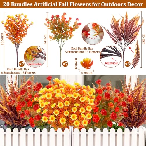20 Bundles Artificial Fall Flowers for Outdoors Fall Decorations for Home | UV Resistant Fake Mums Faux Fall Plants Plastic Flowers for Garden Porch Fireplace Patio Indoor Autumn Thanksgiving Decor