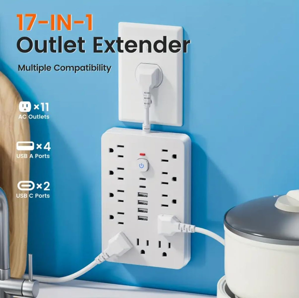 Surge Protector Power Strip,17-in-1, 11 AC Outlets with 4 USB & 2 Type-C Ports, 12-Inch Cord, White, This Compact Powerhouse Delivers Comprehensive Charging Solutions for All Your Devices.
