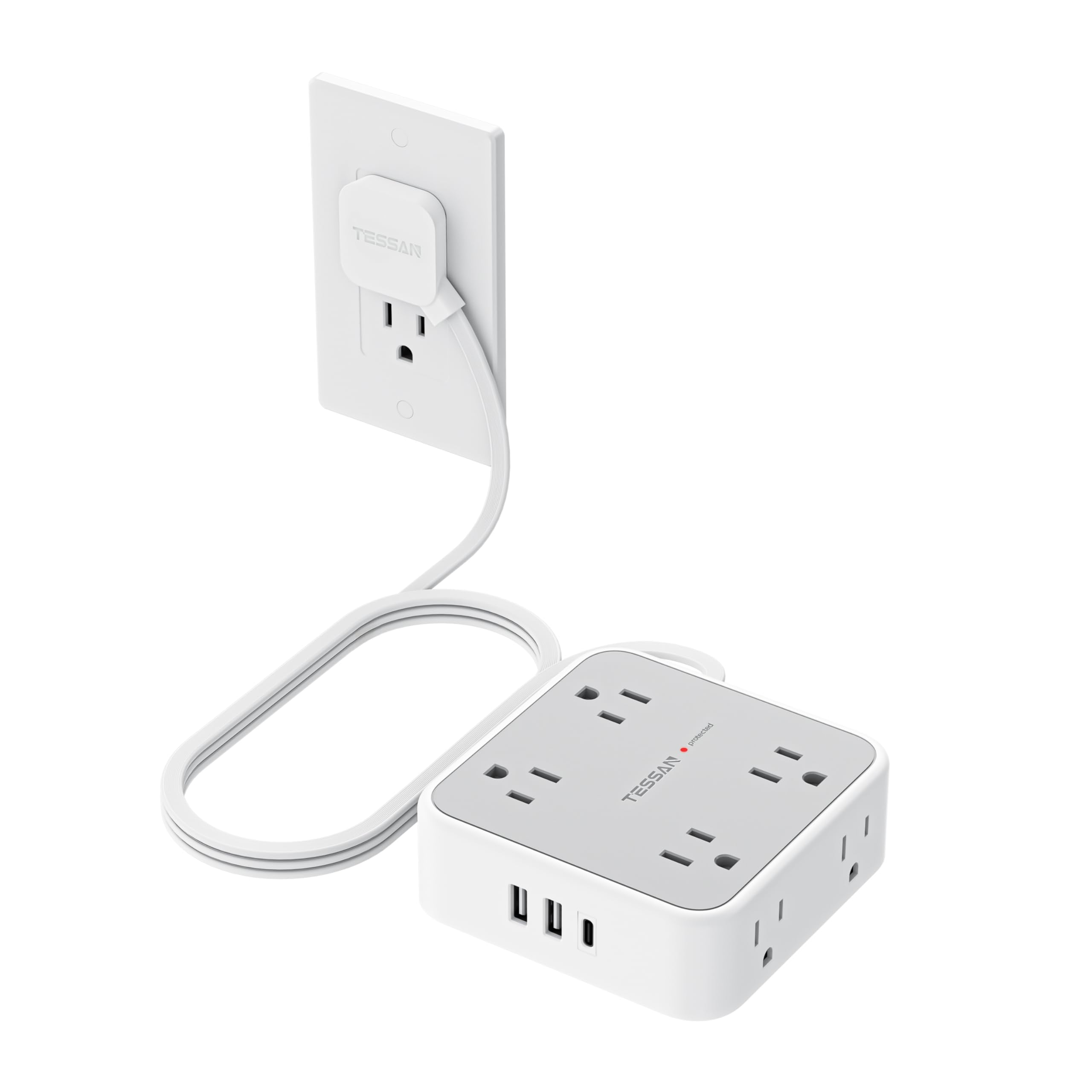 TESSAN Surge Protector Power Strip with 900J Surge Protection, 5 Ft, Grey | 8 AC with 3 USB Ports (1 USB C), Flat Plug Extension Cord, 3 Sided Outlet Extender with Power Switch for Office, Dorm