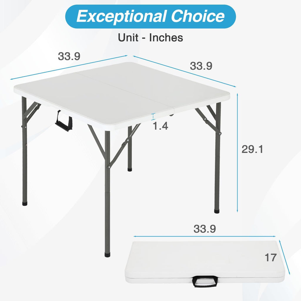 FDW 34" Folding Card Table Plastic Table Portable Square Height Dining Table Perfect for Party and Parties Backyard Events, White