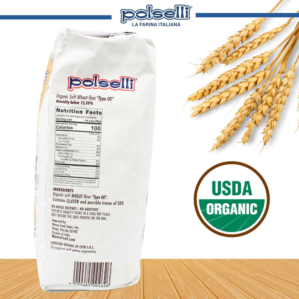POLSELLI Organic Flour, Type 00, 100% Italian Grain, Double Zero Flour, OO Extra Fine, 5 kg, 11 lbs, BIO, Neapolitan Italian Pizza, Bread, Pasta, All Natural, Unbleached, All-Purpose, Unbromated, No Additives