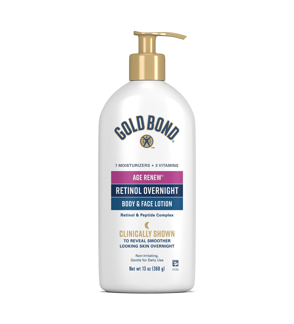 Gold Bond Age Renew Retinol Overnight Body & Face Lotion, 13 Oz, Anti-Aging Moisturizer for Visibly Plumper, Smoother Skin, 24-HR Hydration, Non-Irritating, Non-Greasy, Dermatologist-Tested, Unscented