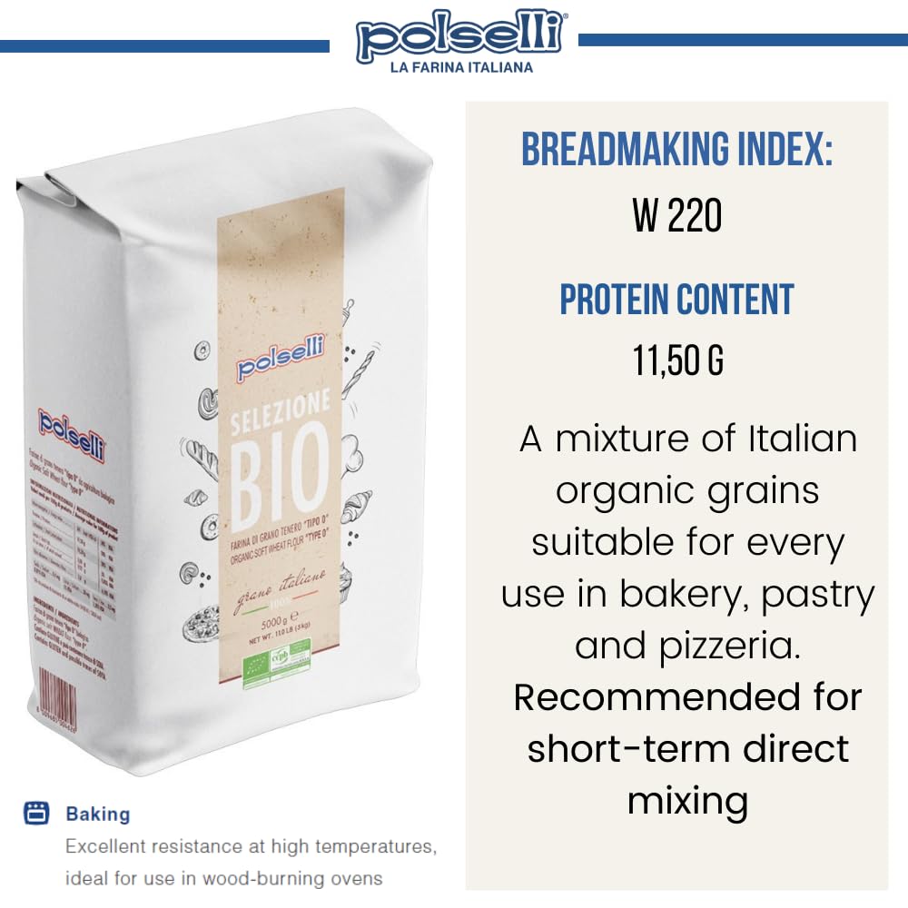 POLSELLI Organic Flour, Type 00, 100% Italian Grain, Double Zero Flour, OO Extra Fine, 5 kg, 11 lbs, BIO, Neapolitan Italian Pizza, Bread, Pasta, All Natural, Unbleached, All-Purpose, Unbromated, No Additives