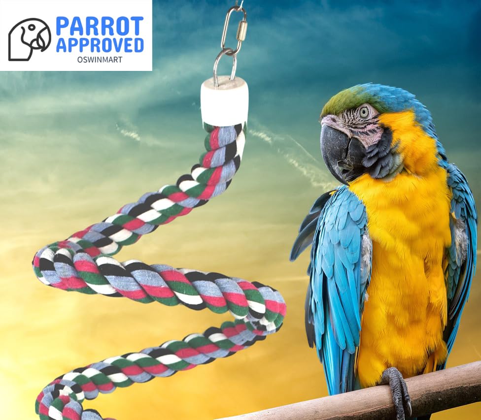94.4inch Length Colorful Cotton Bendable Rope Perch Swing Bird Chew Toys  Parrots Cage Toys with Bell Swing Climbing Standing Bungee Bird Toys for Regular to Big Size Birds