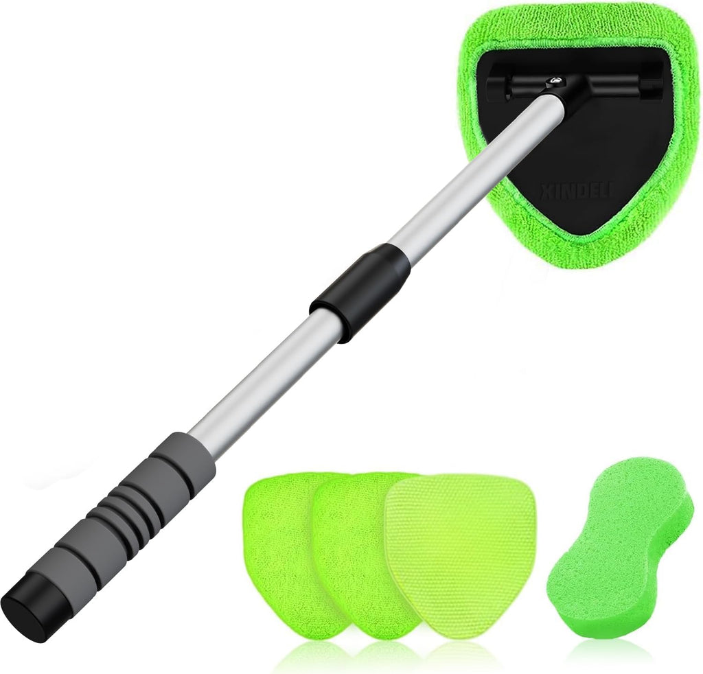 XINDELL 29-inch Windshield Cleaner Tool – Car Interior Window Cleaning Kit with Extended Long Handle & 4 Microfiber Pads, Auto Wiper Windshield Brush for Car, Trucks, SUVs, RVs & Home