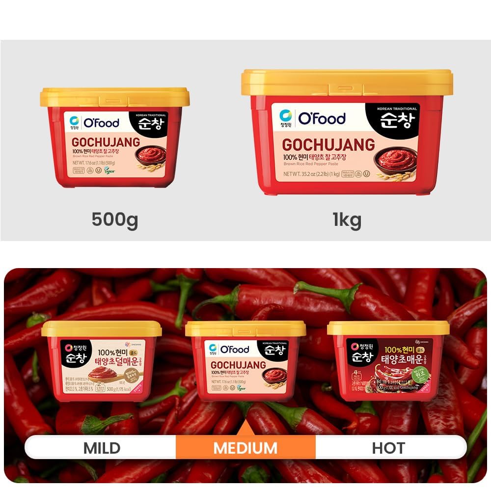 Gochujang – Korean Red Chili Paste [ Medium | 1.1 lb (500g) ] – 0 Fat/ 0 Cholesterol / (40 Calories/Serving) | Spicy & Sweet Savory Fermented Sauce | Great for Bibimbap, Marinades, Stews & BBQ - O’food