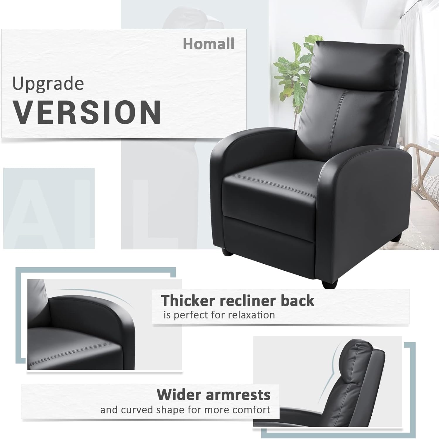 Homall Modern Recliner Chair Padded Seat Pu Leather for Living Room Single Sofa Recliner Seat Club Chair Home Theater Seating (Black)