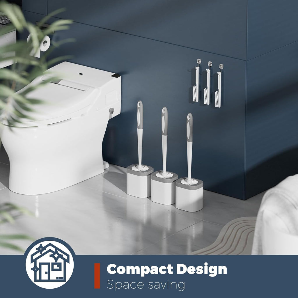 Toilet Brush, 3 Pack Toilet Brush and Holder Set Bathroom Accessories, Toilet Bowl Brush and Holder with 3 Crevice Brush for Bathroom, Toilet Scrubber Brush (White)
