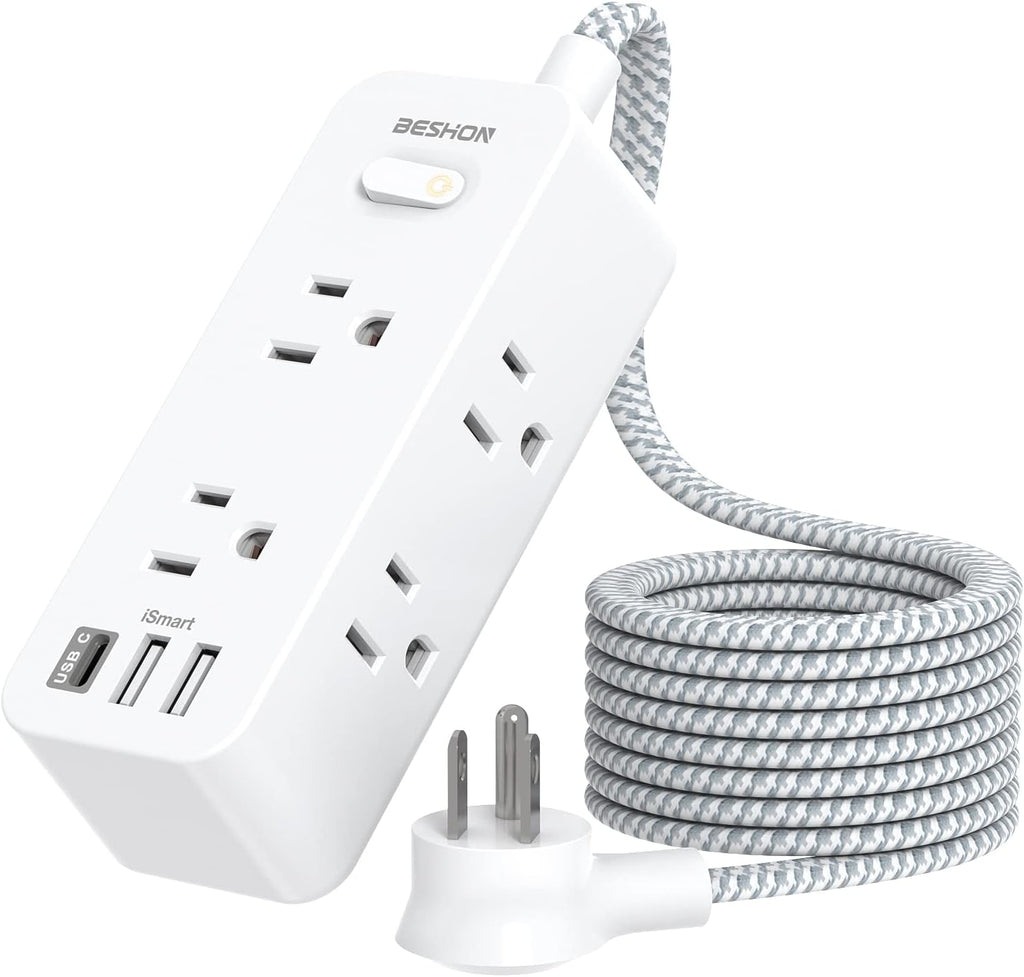 Power Strip Surge Protector, BESHON 5Ft Extension Cord, 6 Outlets with 4 USB Ports (2 USB C Outlet), 3-Side Outlet Extender, Wall Mount, Compact for Travel, Home, School, College Dorm Room and Office
